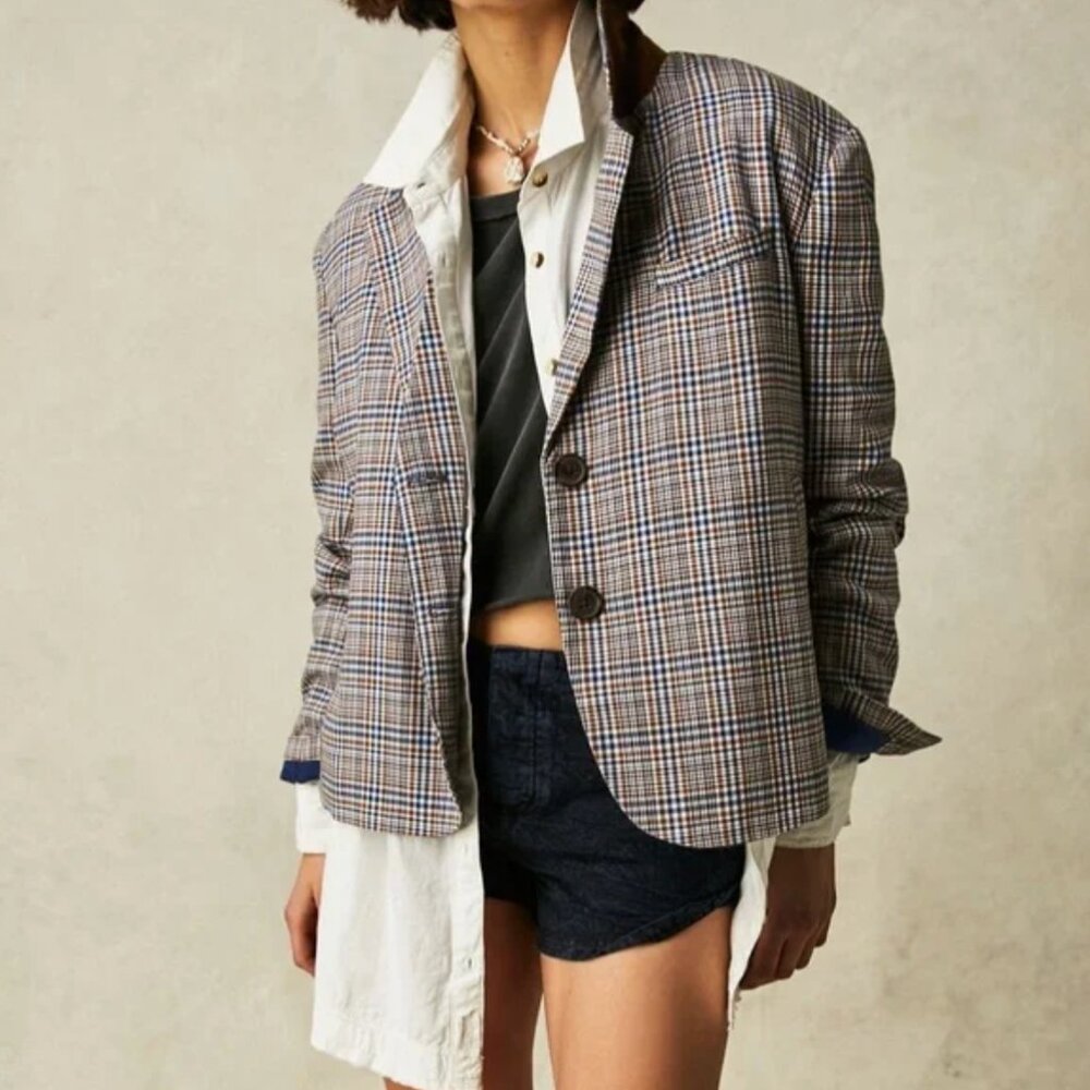 NWOT - Free People - We The Free Cali Plaid Blazer - Blue combo - Size L